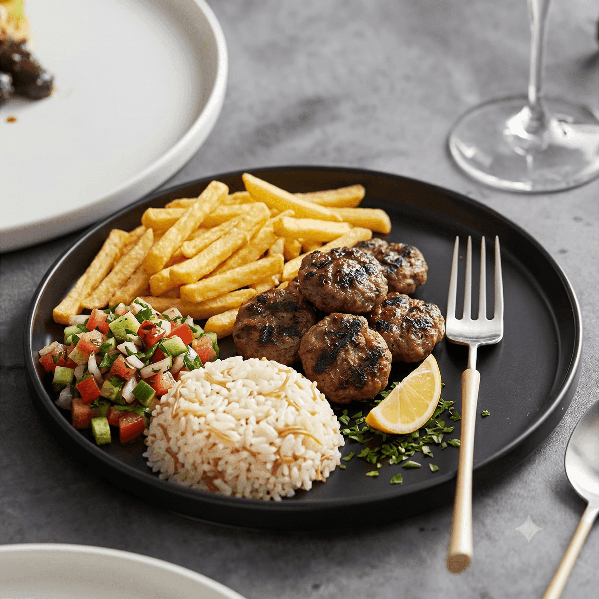 Izgara köfte, pilav, salata, patates menü şablonu ve sunumu